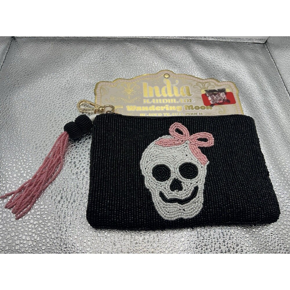 Wandering Moon Skull w/Pink Bow Beaded Tasseled Travel Pouch Bag ~Halloween~NWT